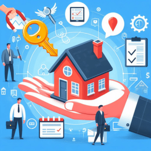 A hand hold a home surrounded by various lead magnets for property services.