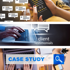 Image divided into horizontal thirds representing Reviews, testimonials and case studies.