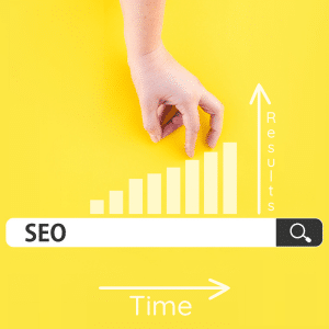 A search bar with SEO typed in. A bar chart above the search increases in size over several incremental steps a hand walking up the penultimate steps with their fingers.
An arrow below on the X axis says Time and an arrow on the Y axis says results.