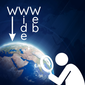 Stick man searching the World Wide Web. He has a magnfying glass and is looking at a section of the globe.