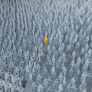 Standing out in a crowd. A yellow stick man amongst hundreds of grey stick men.