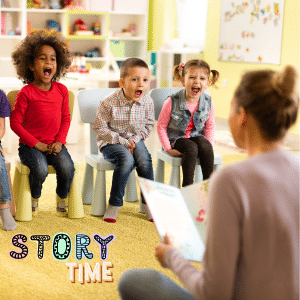 A teacher telling some children a story in Story Time.