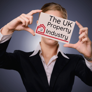 A professional lady in a suit and blouse holding up a card that says "The UK Property Industry" which is blocking her face.

Represents: Lack of transparency.