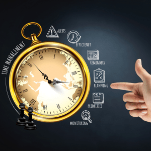 Picture of a pocket watch with a time management label and icons around it.