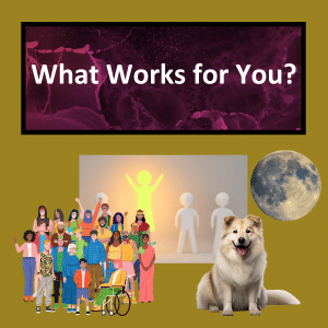 An eccelctic mix of text on a background banner, a cartoon crowd, a digital representation of a perfect prospect, a real dog and an image of the moon.
