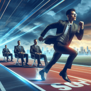 AI generated Image - in the race to win it". 4 businessmen on the racetrack with 1 running past 3 men sitting on chairs at the start.
Dall-E 3 Image.