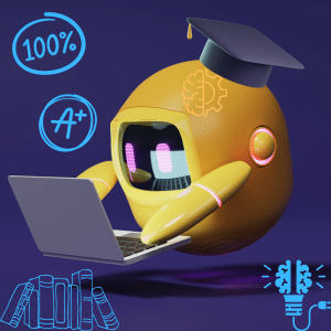 An AI robot wearing a mortarboard looking at a laptop surrounded by learning symbols.