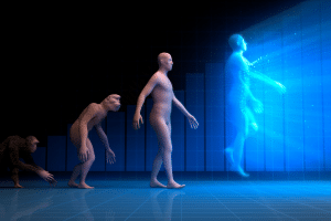 A comic take on Darwin's evolution: A chimp, a neanderthal, a human and an AI.