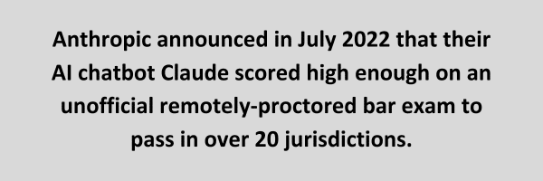 Anthropic announced in July 2022 that their AI chatbot Claude scored high enough on an unofficial remotely-proctored bar exam to pass in over 20 jurisdictions.