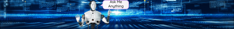 An AI saying "Ask Me Anything" on a digital background.