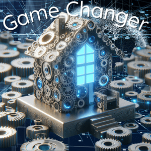 A house made of cogs with an AI background and a banner saying "Game Changer".