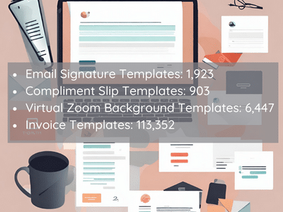 AI Generated image representing more Canva templates:
Email Signature Templates: 1,923
Compliment Slip Templates: 903
Virtual Zoom Background Templates: 6,447
Invoice Templates: 113,352
