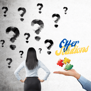Confused Prospect looking at lots of question marks. A hand offering property content solutions showing jigsaw pieces fitting together.