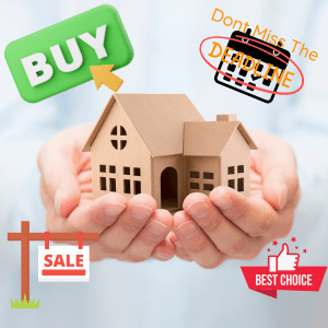 A small home held in the cup of an agents hands.
Signs around the home saying:
Buy
Don't Miss the Deadline
For Sale
Best Choice

Typical messages from a desperate agent.