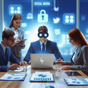 Group of people in a futuristic office completing a social media audit.