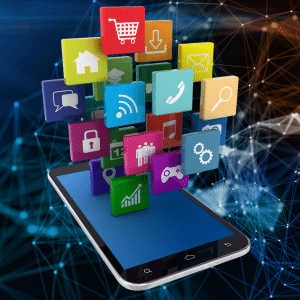 A phone on a digital background with social apps popping out of the screen in 3D.