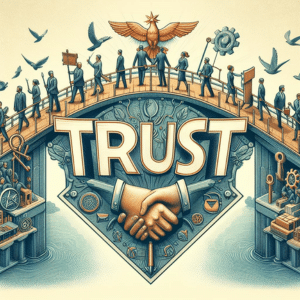 A trust bridge. Several people walking over a bridge with trust and a handshake underneath.