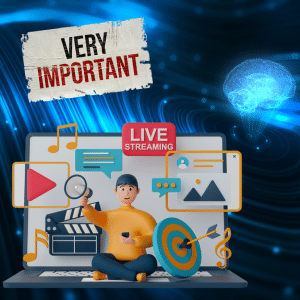 A laptop with various video making icons and an avatar sitting cross legged on the keyboard holding a megaphone. There is an AI background and a "very important" notice above the laptop.