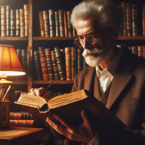 AI Image of an authoritative man ready a large book and making notes whilst sitting in a library.