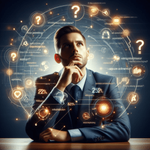 AI image of a man thinking about how to structure his questions for content.